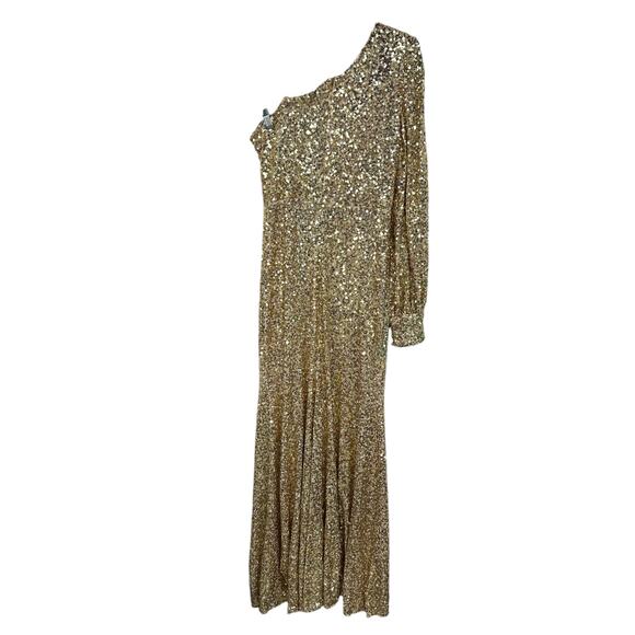 Ieena for Mac Duggal Gold Sequined One Shoulder Bishop Sleeve Trumpet Gown 8 - Picture 5 of 7